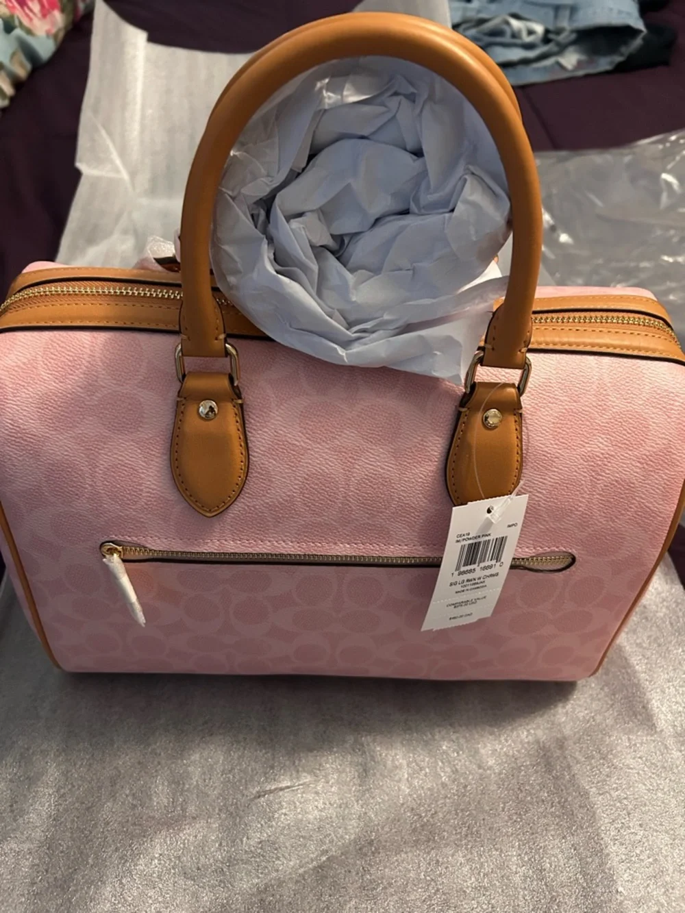 Coach Powder Pink Signature Rowan Satchel with Tan Handles and Gold Hardware - Picture 2 of 5